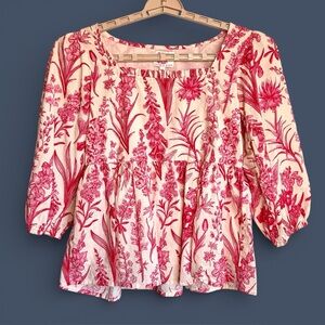 Victoria Dunn Floral Print Blouse XS Gathered Waist Square Neck Prairie EUC